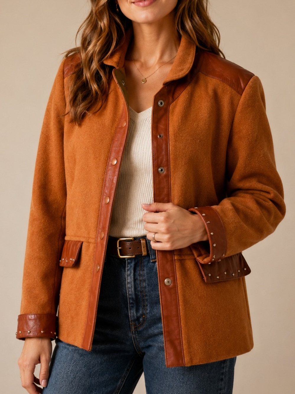 Vintage Diana Wool Blend Leather Trim Jacket Camel Brown Women’s 66